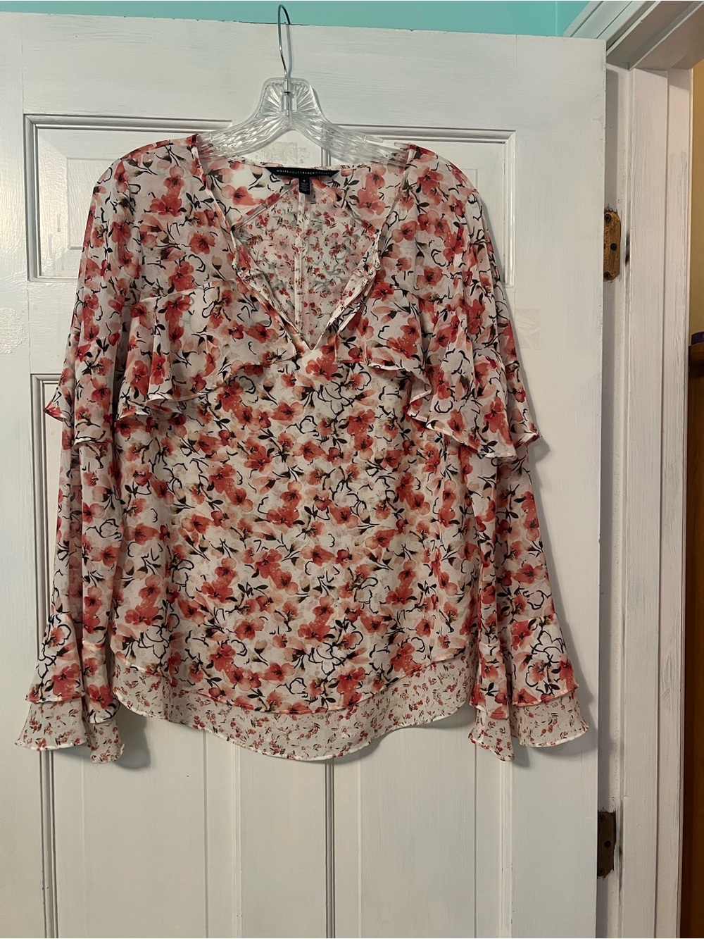 White House Black Market Pink Floral Ruffle V-Neck Blouse